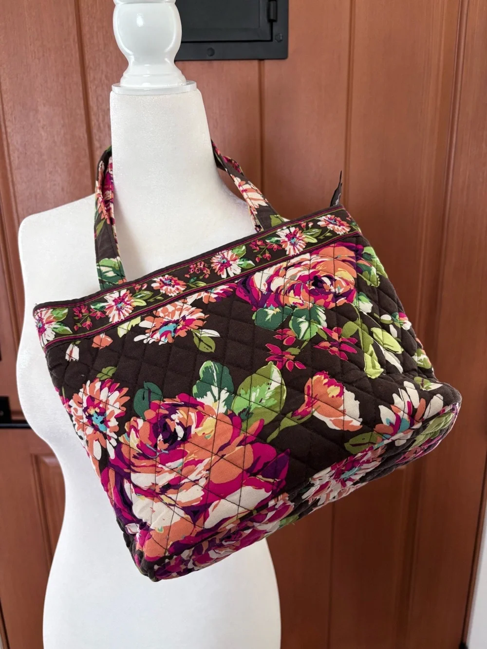 Vera Bradley Quilted Floral Tote - Brown with Pink, Green and Cream
